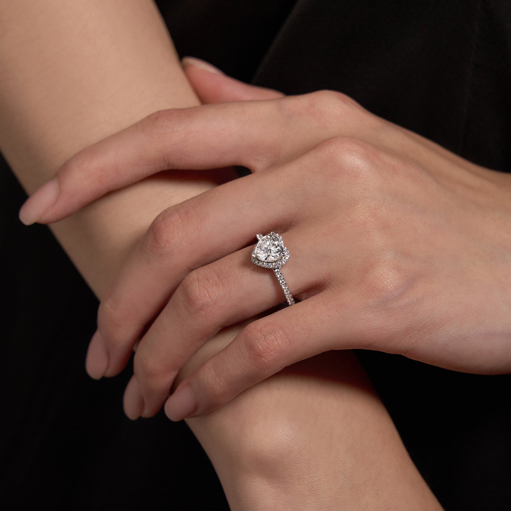 Heart Moissanite Halo Ring with Pavé Band